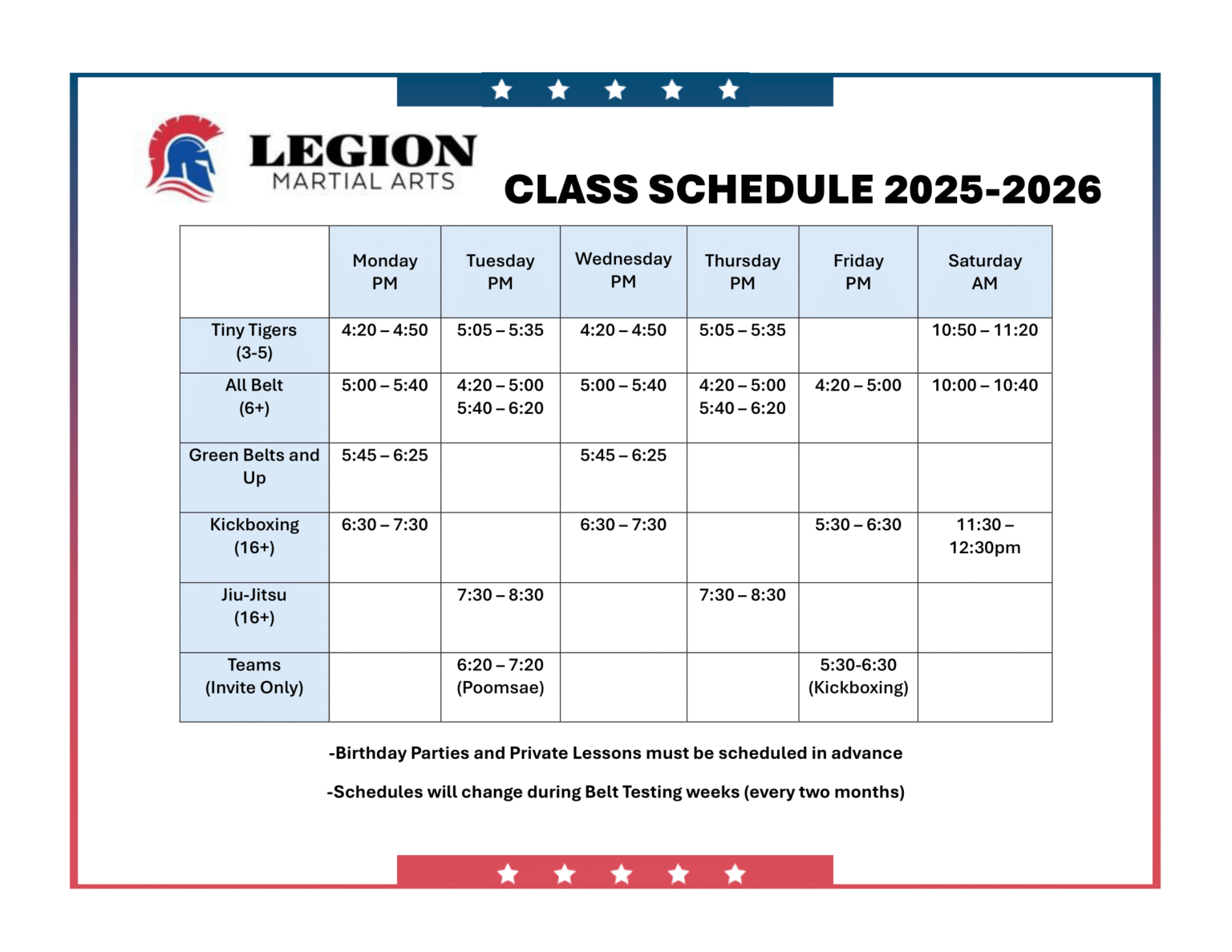 Schedule Legion Martial Arts